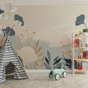 Nature-inspired floral mural wallpaper paired with wooden furniture in kids room