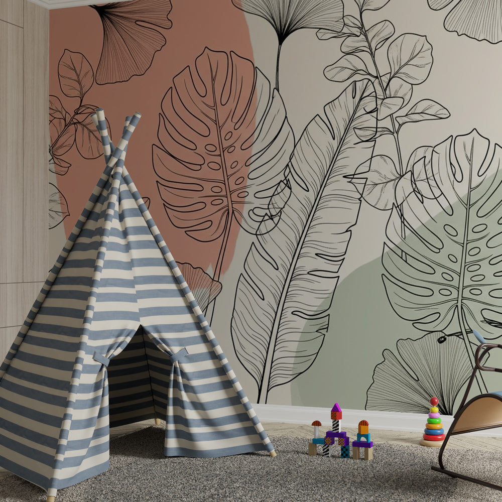 Delicate leaf pattern mural wallpaper creating serene children's bedroom atmosphere
