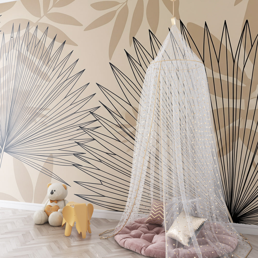 Graphic leaves wallpaper creating sophisticated kids bedroom decor with beige and black design