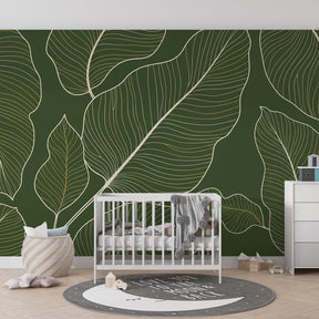 Green nature leaves wallpaper creating serene children's bedroom decor with gold accents