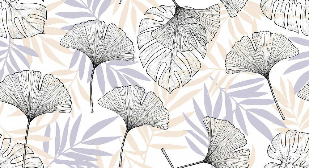 Detailed botanical leaves mural wallpaper design pattern with black white motifs by Kids-Mundo