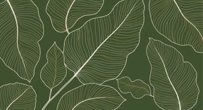 Detailed botanical leaves mural wallpaper design pattern with green background and gold veining by Kids-Mundo