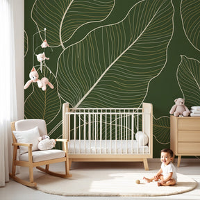 Botanical leaves mural wallpaper with green background in modern nursery by Kids-Mundo