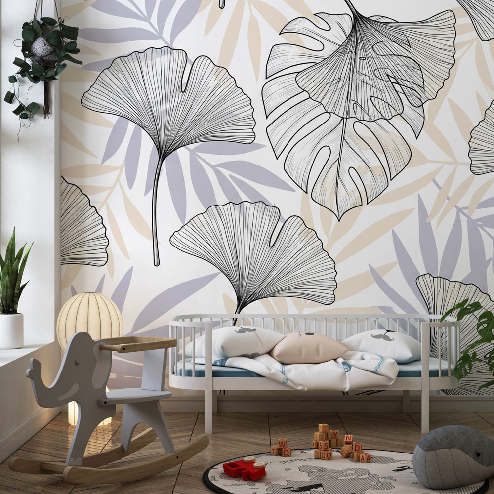 Nature-themed mural wallpaper transforming kids playroom with botanical leaf patterns