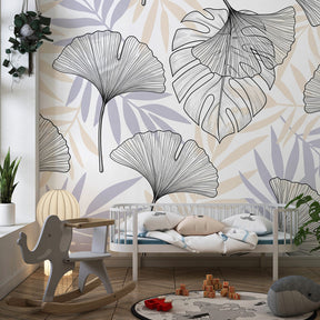 Nature-themed mural wallpaper transforming kids playroom with botanical leaf patterns