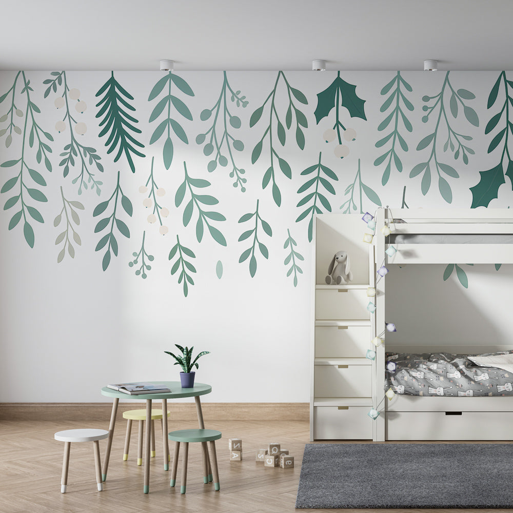 Nature-inspired botanical mural wallpaper in bright children's playroom with wooden furniture