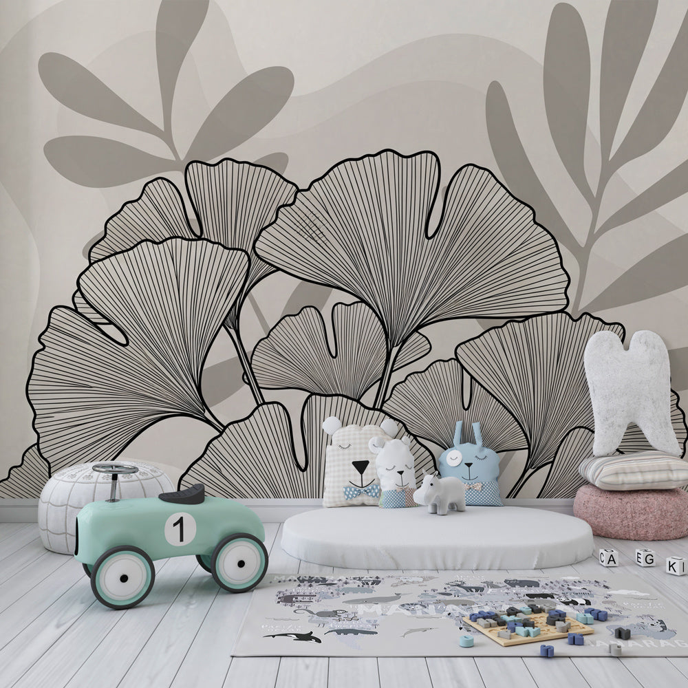 Nature-inspired mural wallpaper transforming children's room into peaceful botanical sanctuary