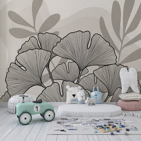 Nature-inspired mural wallpaper transforming children's room into peaceful botanical sanctuary