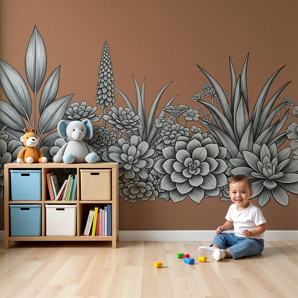 Kids-Mundo botanical line art wall mural styled behind a cot in a neutral nursery