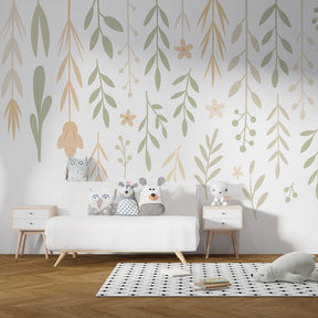 Delicate foliage wallpaper creating serene kids bedroom atmosphere with pastel botanical motifs