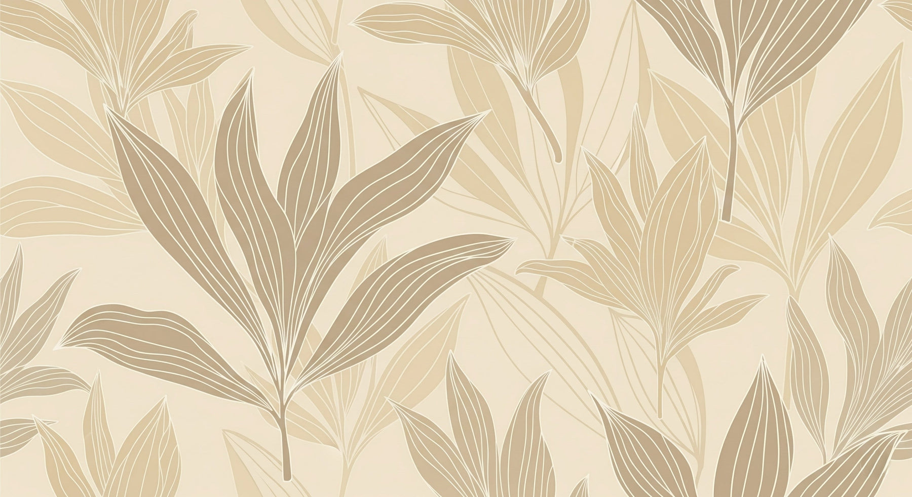 Detailed botanical leaf mural wallpaper design pattern in warm beige and cream tones by Kids-Mundo