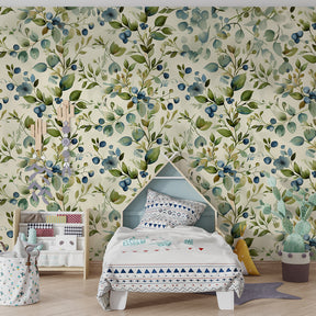 Green and blue floral wallpaper creating serene children's bedroom decor with natural elements