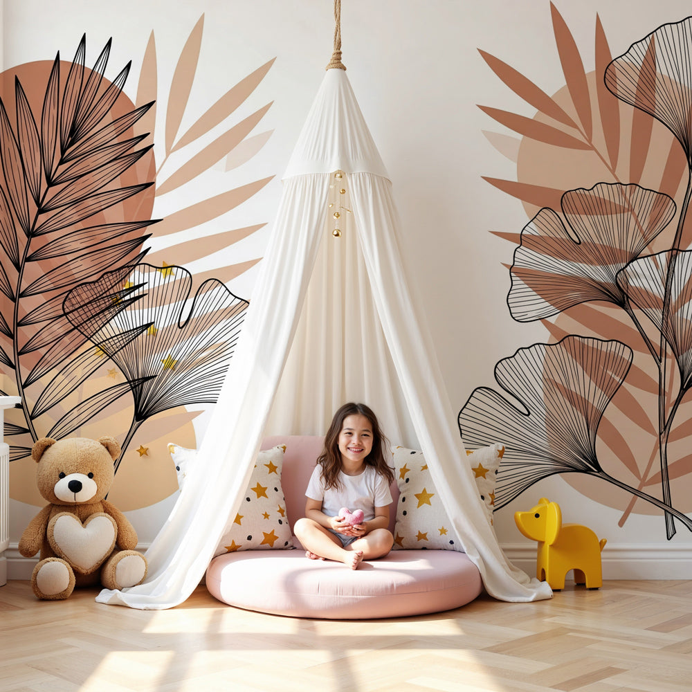 Botanical mural wallpaper with stylized leaves creating serene nursery decor by Kids-Mundo
