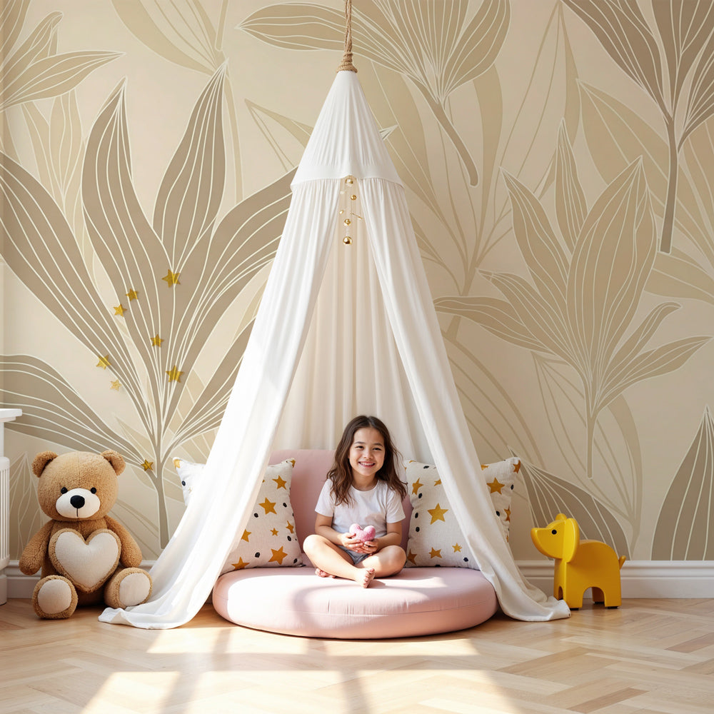 Botanical leaf mural wallpaper creating serene nursery atmosphere with warm beige tones by Kids-Mundo
