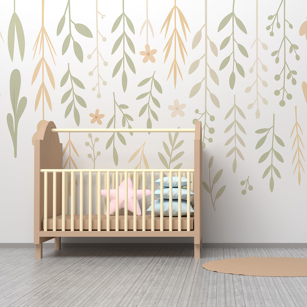 Nature-inspired botanical wallpaper in children's playroom with soft green and beige tones