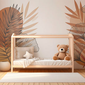 Stylized leaf wallpaper transforming kids room with minimalist botanical design by Kids-Mundo
