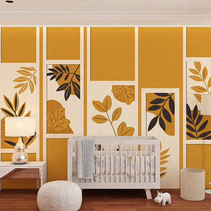 Kids-Mundo framed leaf sprig mural behind a bed in a stylish kids bedroom