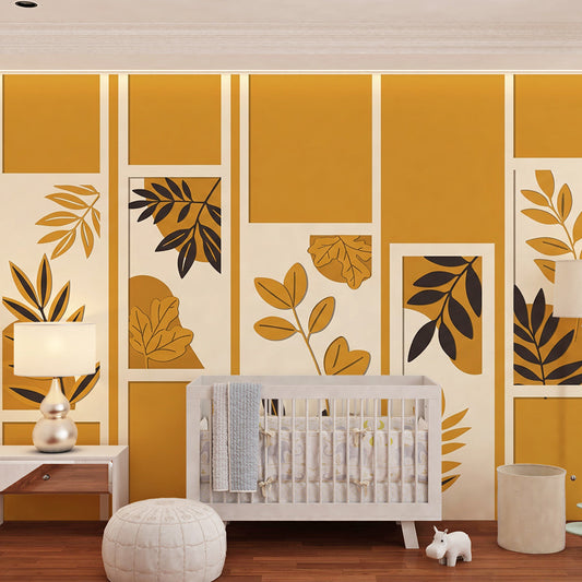 Kids-Mundo framed leaf sprig mural behind a bed in a stylish kids bedroom