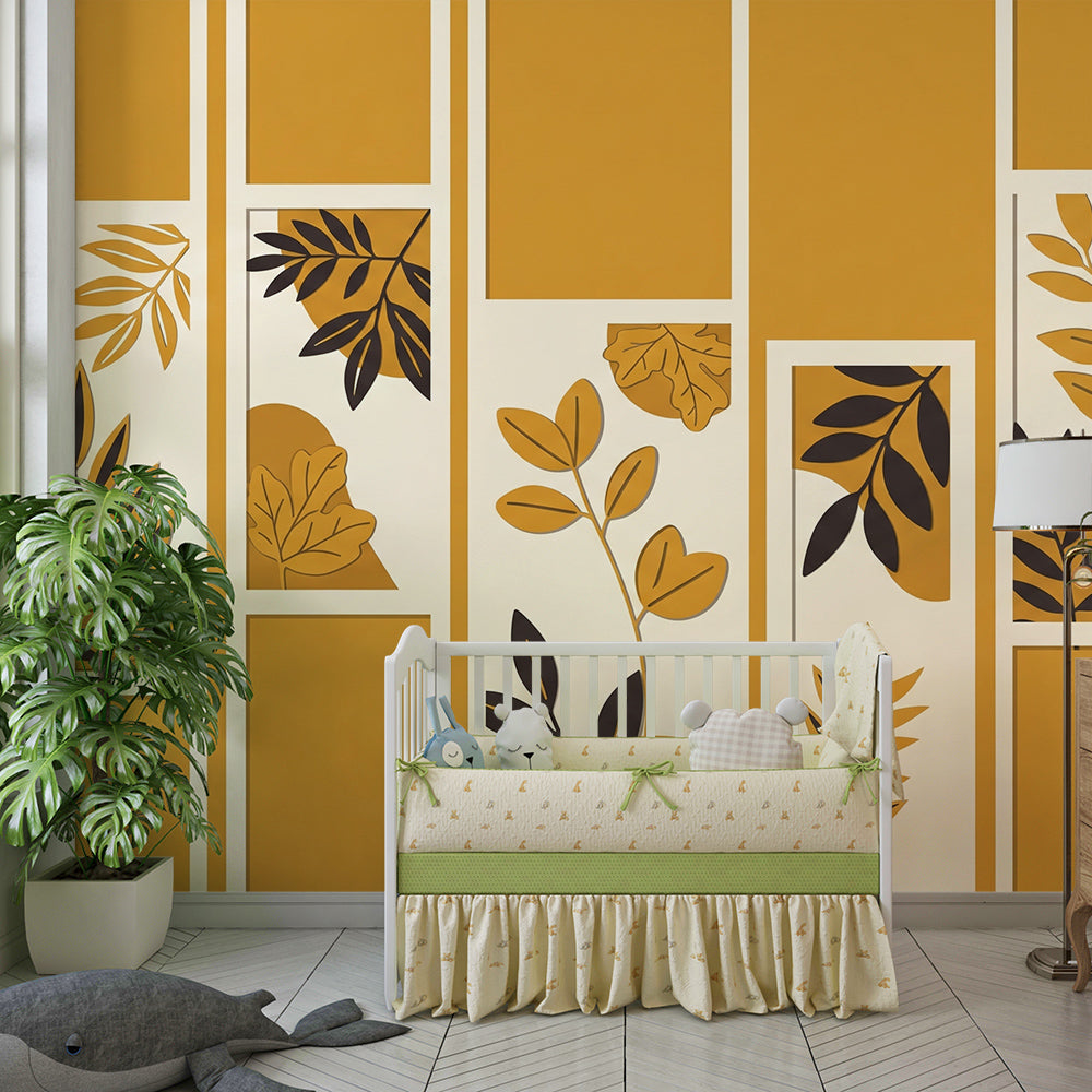 Kids-Mundo mustard panel wallpaper mural styled in a playful children's playroom