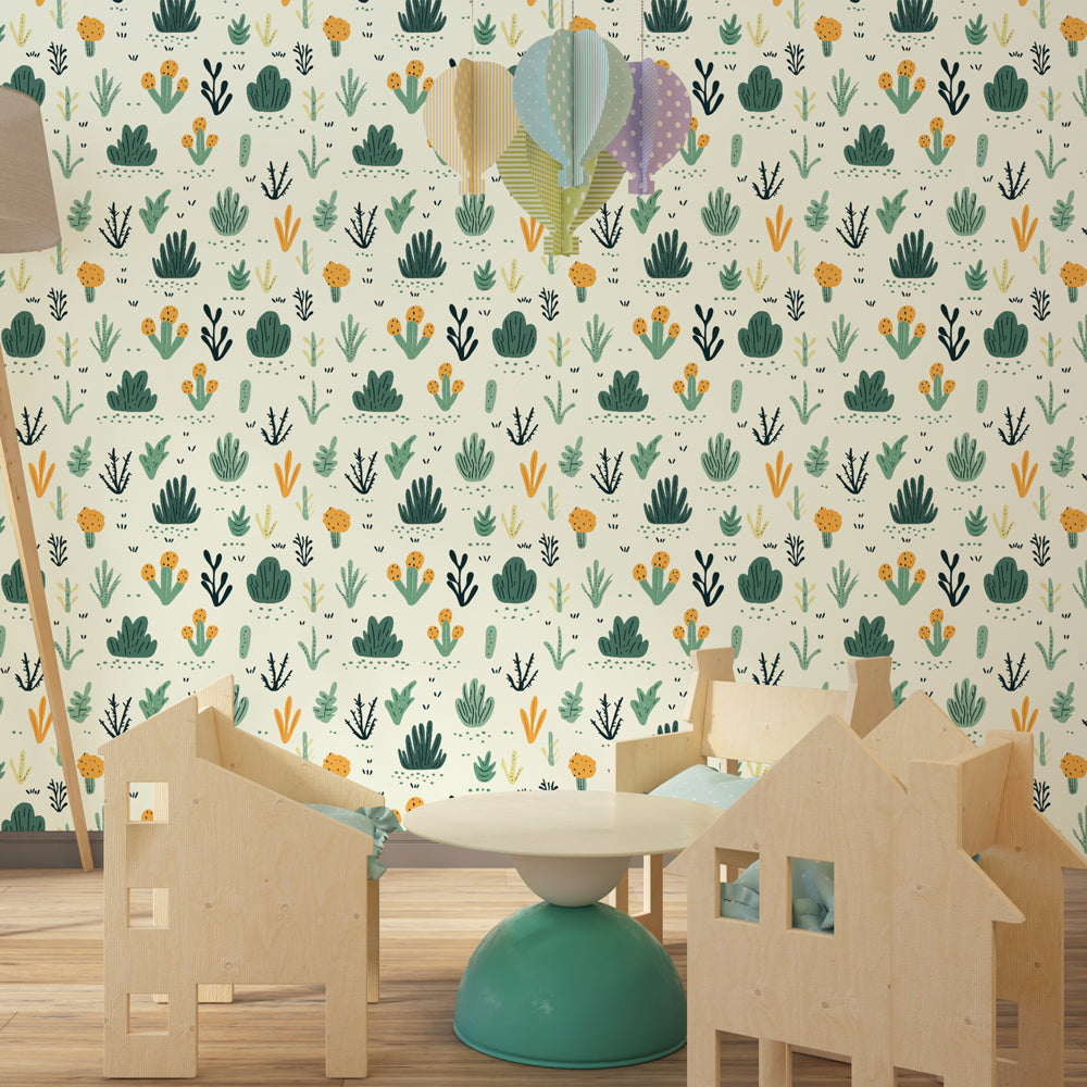 Colorful botanical mural wallpaper with plant motifs decorating children's bedroom space