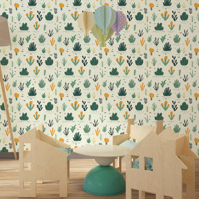 Colorful botanical mural wallpaper with plant motifs decorating children's bedroom space