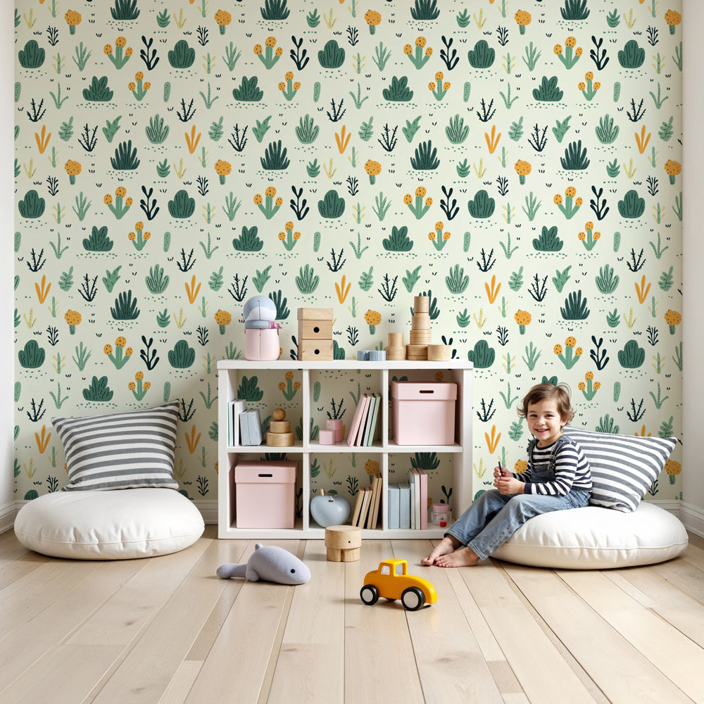 Botanical plants mural wallpaper creating natural atmosphere in modern kids nursery by Kids-Mundo