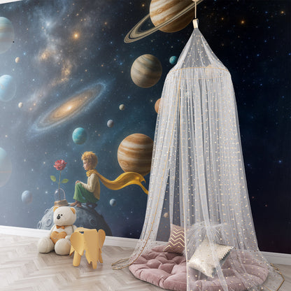 Kids-Mundo galaxy wall mural showing a boy and planets on a kids bedroom wall
