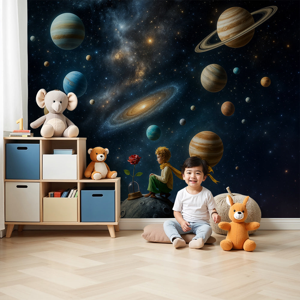 Kids-Mundo boy on the moon space wall mural with planets and galaxy in a nursery