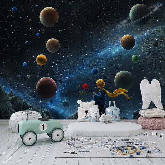 Kids-Mundo boy among the planets wall mural covering a feature wall in a kids' bedroom
