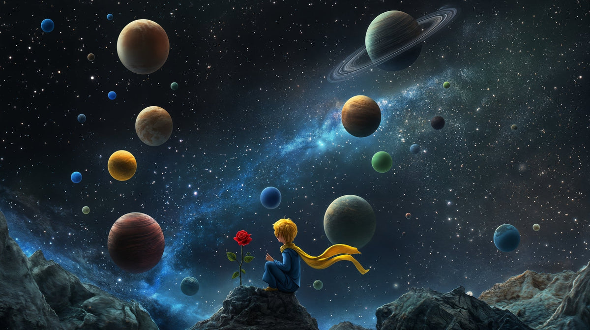 Stargazing Boy Among the Planets Wall Mural