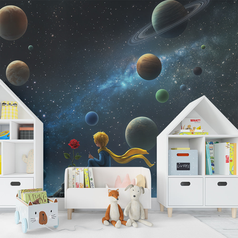 Kids-Mundo stargazing boy wall mural bringing a wondering, starlit scene to a children's playroom