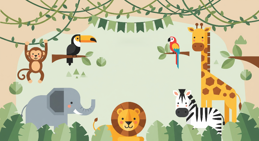 Colourful Jungle Animals with Giraffe Wall Mural
