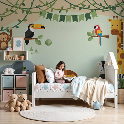 Kids-Mundo jungle animals wall mural with giraffe and elephant styled in a bright, playful nursery.