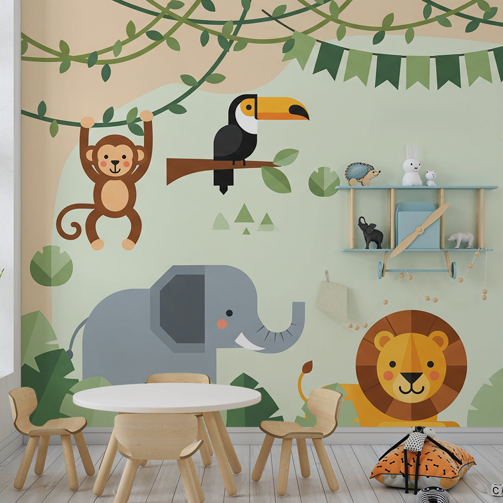 Kids-Mundo jungle animal mural with monkey and toucan brightening a playful children's playroom wall.