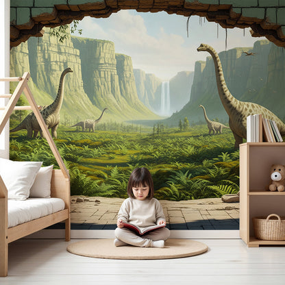 Kids-Mundo dinosaur valley wall mural with waterfall in a bright green nursery