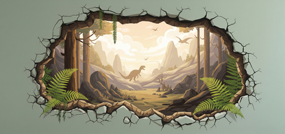 Kids-Mundo flat artwork of a dinosaur jungle scene breaking through a cracked stone wall