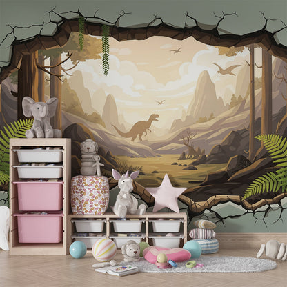 Kids-Mundo dinosaur jungle wall mural with a 3D broken-wall design in a bright playroom