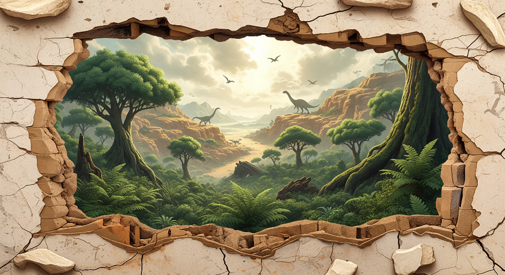 Crumbling Stone Jungle Dinosaur Wall Mural