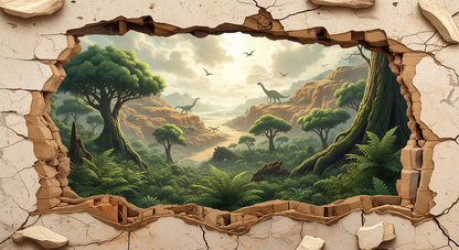 Kids-Mundo flat artwork preview of the crumbling wall jungle dinosaur mural design.