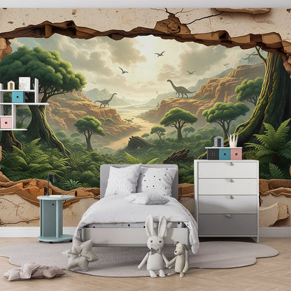 Kids-Mundo jungle dinosaur wall mural creating a bold illusion in a family playroom.