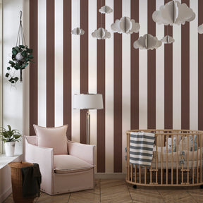 Elegant brown vertical stripes wallpaper creating cozy kids bedroom atmosphere