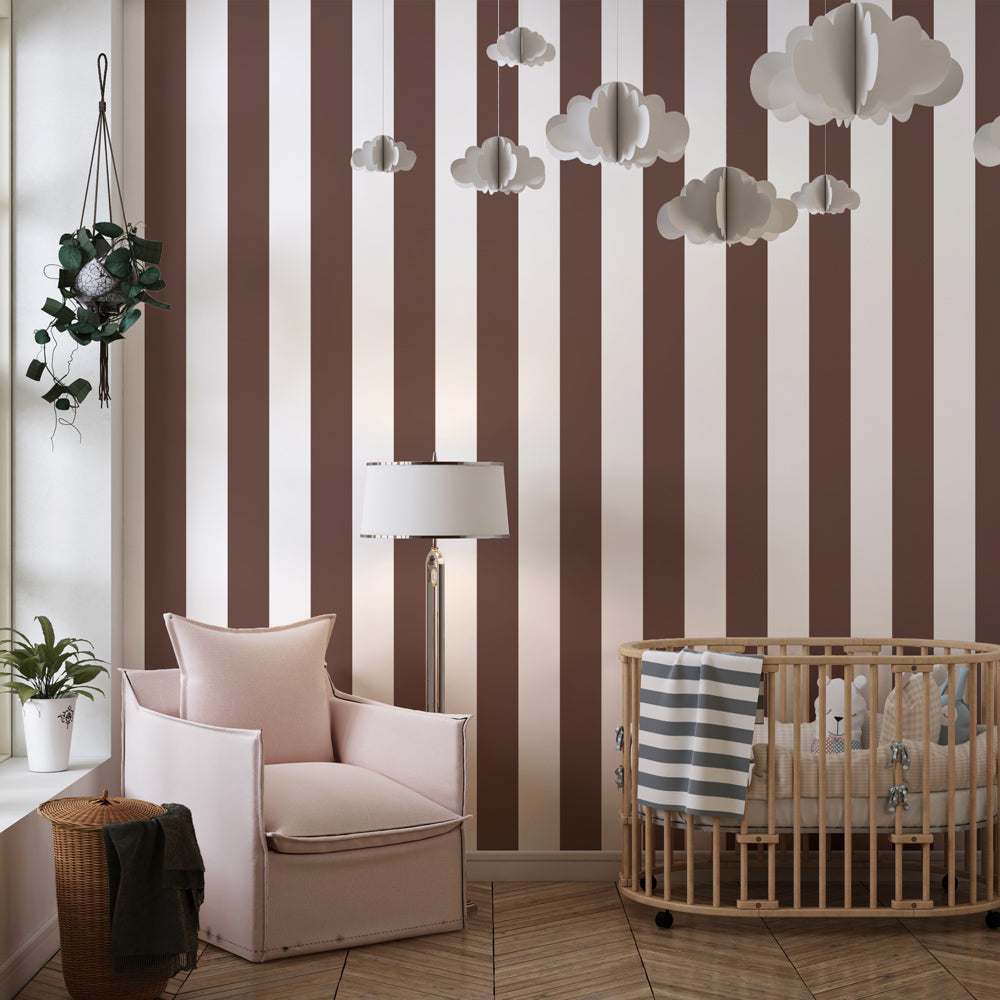 Kids-Mundo striped wall mural in brown and white, printed made to measure for a kids' bedroom wall.