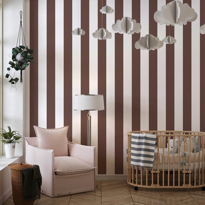 Kids-Mundo striped wall mural in brown and white, printed made to measure for a kids' bedroom wall.