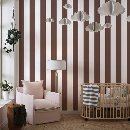 Kids-Mundo striped wall mural in brown and white, printed made to measure for a kids' bedroom wall.
