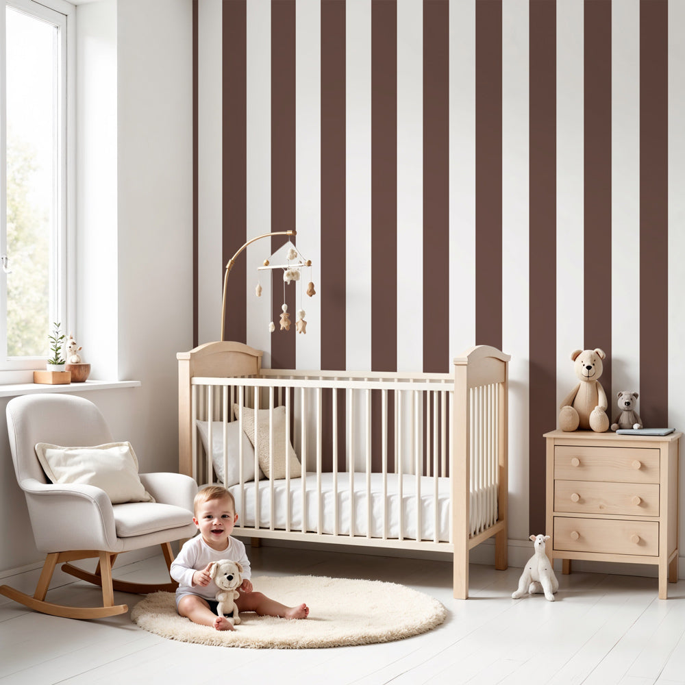 Kids-Mundo brown and white striped wall mural, made to measure and shown in a warm, soft nursery.