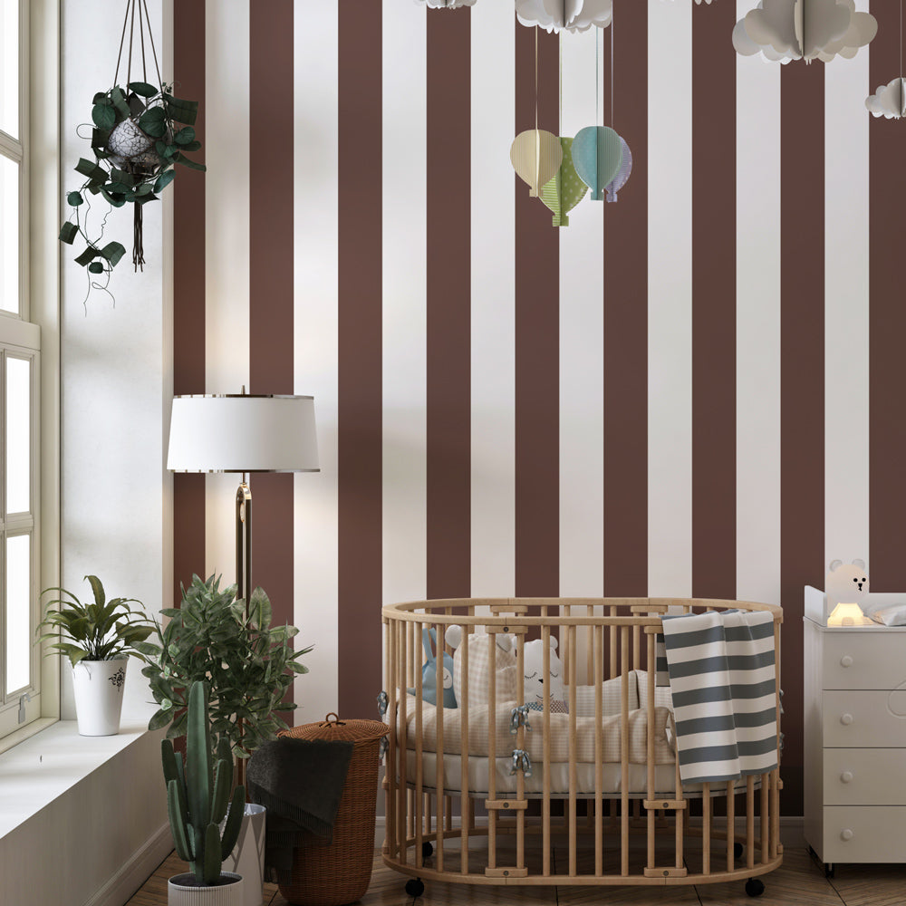 Kids-Mundo brown and white stripe mural, made to measure and pictured in a bright playroom wall.