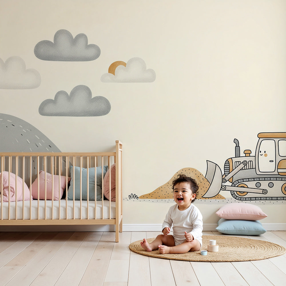 Kids-Mundo bulldozer wall mural styled in a calm, neutral nursery with a cot.