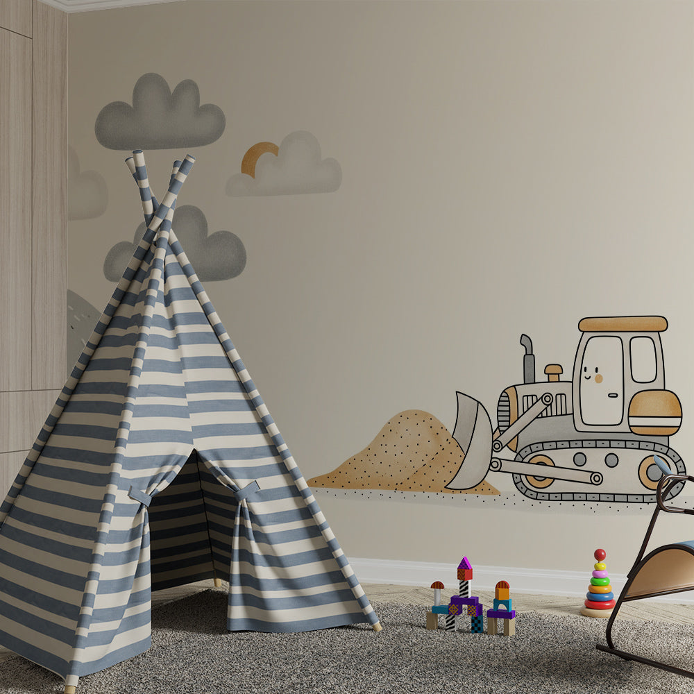 Kids-Mundo bulldozer and sandy hill wall mural brightening a children's playroom.