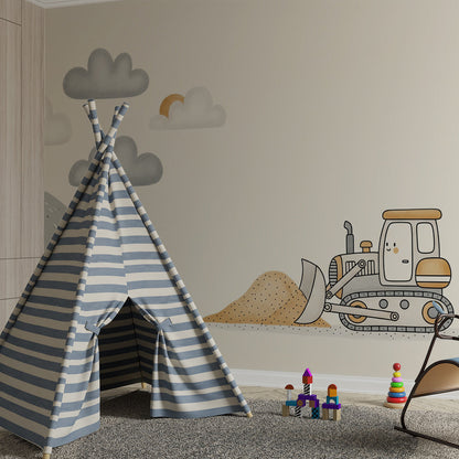Kids-Mundo bulldozer and sandy hill wall mural brightening a children's playroom.