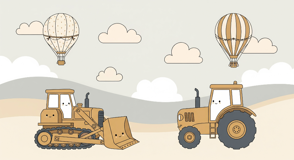 Smiling Bulldozer and Tractor Construction Wall Mural